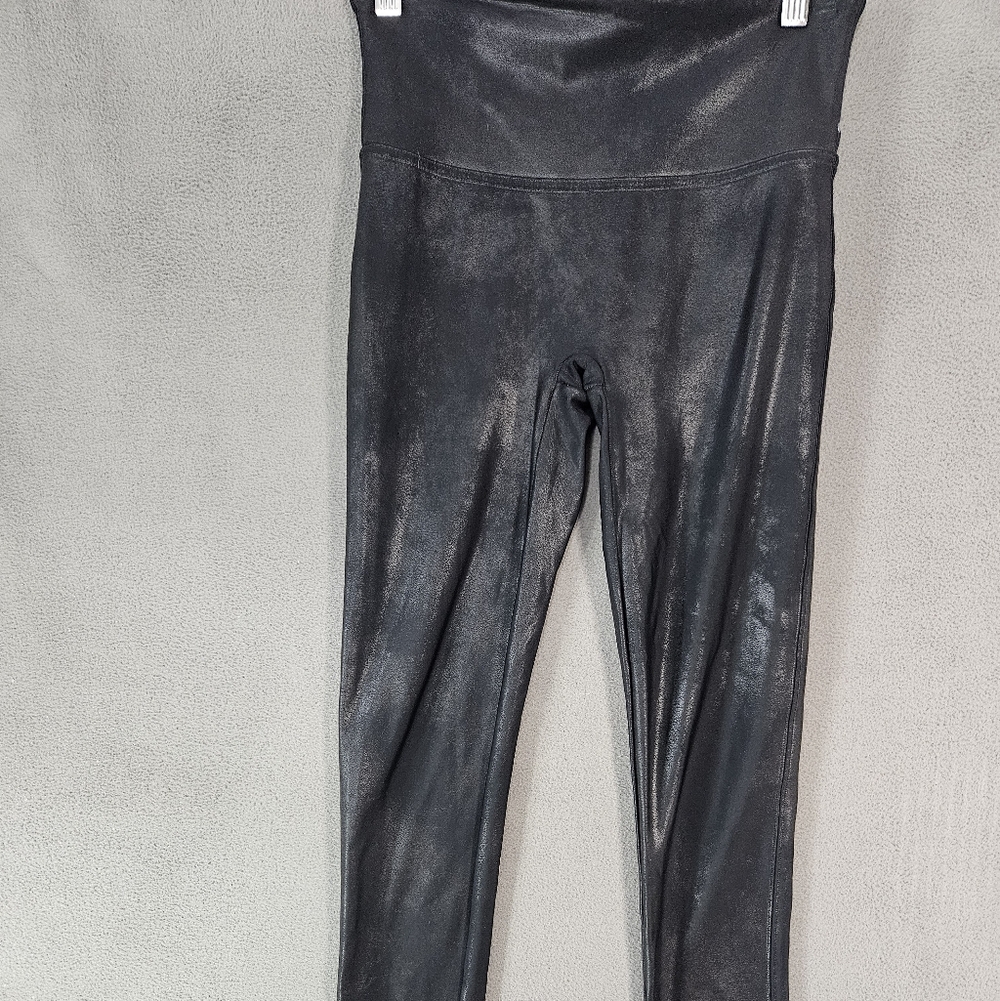 Spanx Womens Petite Medium MP Faux Leather Leggings Black High-Rise